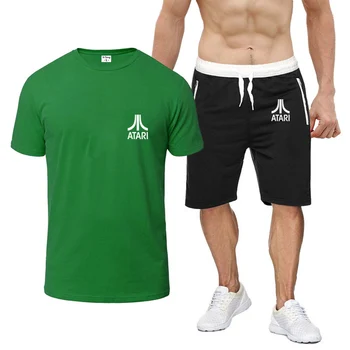 2022 Мъжки летни игри ATARI с принтом, Модерни и Удобни памучни блузи в стил харадзюку с къс ръкав + всекидневни спортни панталони, комплект от 2 теми
