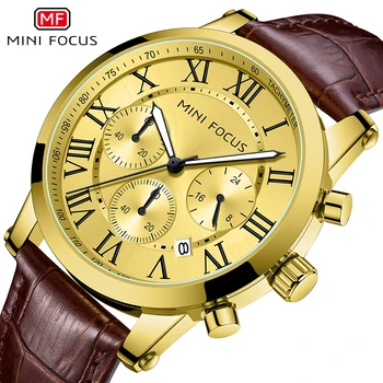 MINI FOCUS Gold Quartz Waterproof Watch for Men Хронограф 21 mm Leather Strap Мъжки Wrist Watches часовници часовници мъжки механника
