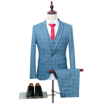Костюми мъжки модерен кариран костюм мъжки костюм от 3 теми яке + панталон + елек мъжки бизнес случайни официален костюм terno masculino