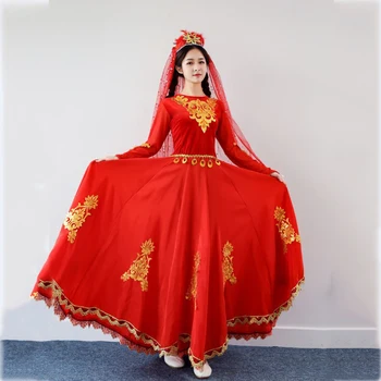 Синцзян Етнически Представяне на Дрехи За Възрастни Червено уйгурския танцов костюм Индия стил сари сценична облекло дълга рокля
