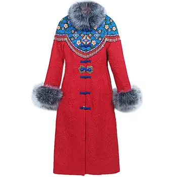  3X! 2022 зимни памучен яке с бродерия в национален стил, жените с тънка талия, дълги кожени яка, утолщенное топло палто