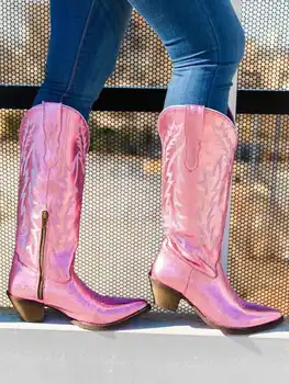 Розово Каубой овчарка каубойски ботуши за жени с цип 2022 бродерия, остри пръсти наборный ток средата на прасците есенните модни ботуши обувки