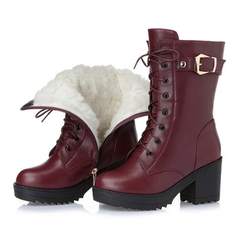 Дамски зимни обувки от естествена кожа на висок ток, топли дамски военни ботуши от дебела вълна, висококачествени дамски зимни обувки