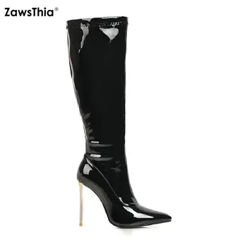 ZawsThia/2022 г., дамски официални обувки на много тънък висок ток от лачена изкуствена кожа 10 см, вечерни обувки на висок ток, червени, бели, черни, еластични ботуши до коляното