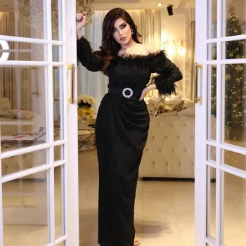 Дълга Черна Вечерна рокля от крепа с открити рамене и Пера, - секси вечерна рокля с дължина до пода, в стил Русалка